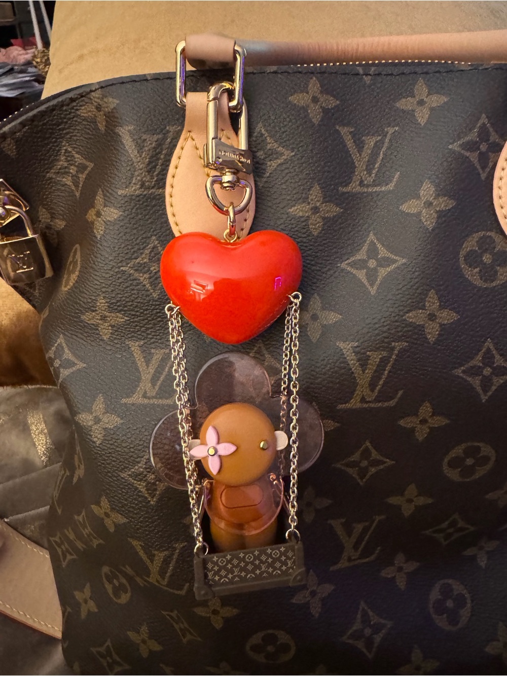 Louis Vuitton Red Heart and Tan Charm Key Holder
